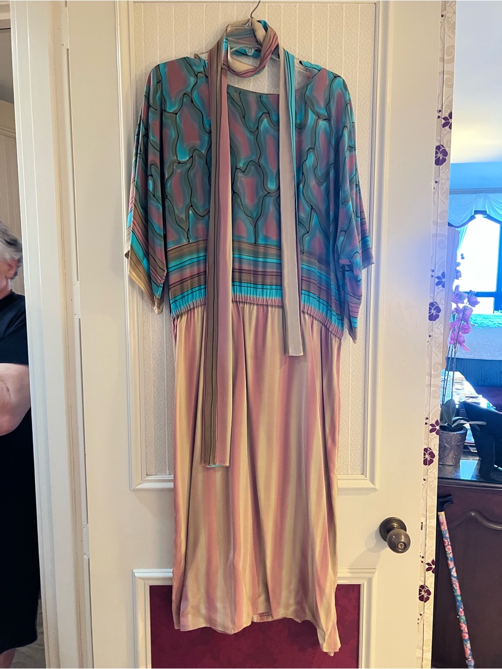 MICHI Pastel Pink and Teal Maxi Dress with Scarf